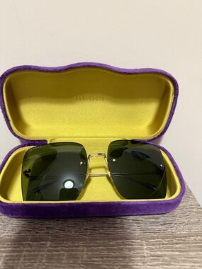 Gucci Gold-Trim Square Sunglasses with Dark Green Lenses